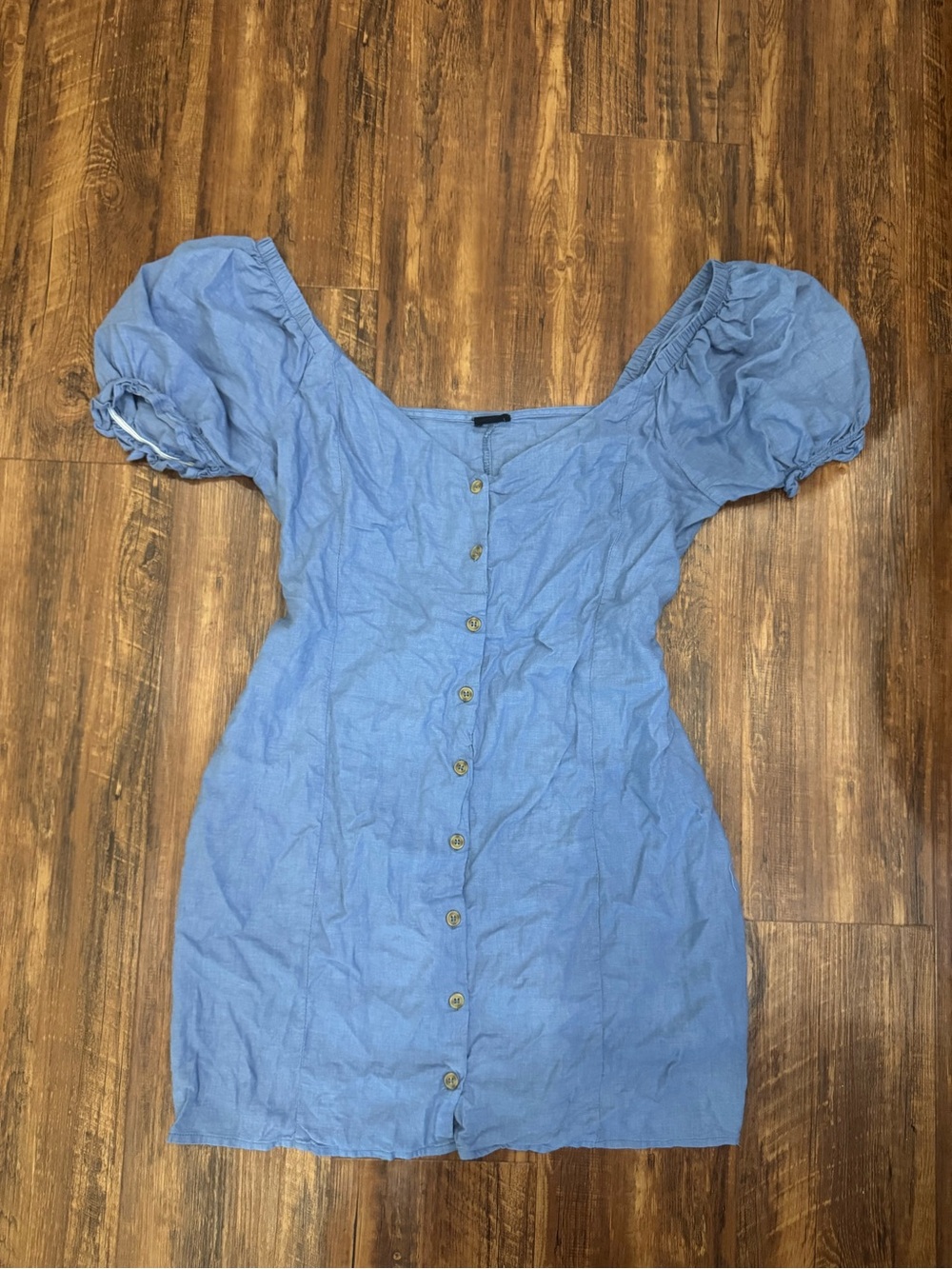 Cotton On Light Blue Puff-Sleeve Button-Front Mini Dress